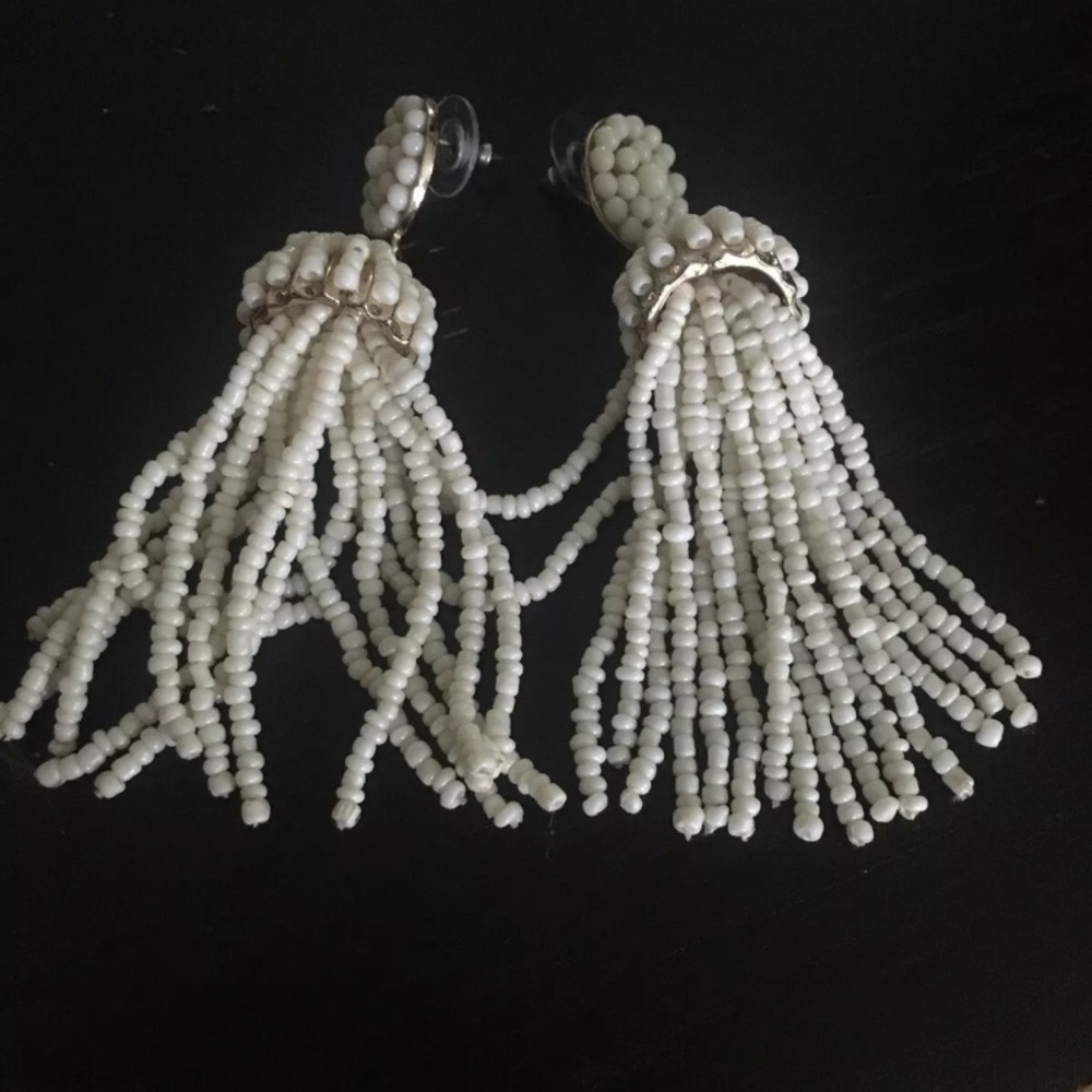 BEADED TASSEL EARRINGS WHITE 3.5” LONG